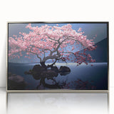 Framed wall art featuring a botanical cherry blossom design in soft pink and white hues, set in a sleek silver frame, perfect for modern home decor.