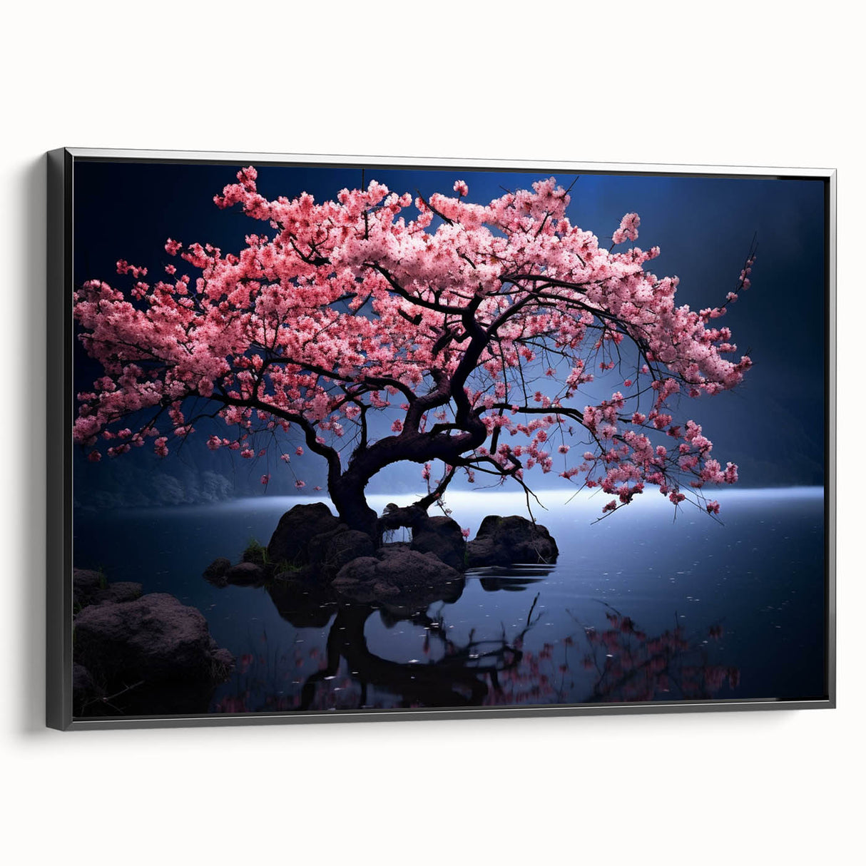 Framed canvas wall art showcasing a botanical cherry blossom design, featuring soft pink flowers and delicate green leaves, set against a sleek black frame, perfect for enhancing home decor.