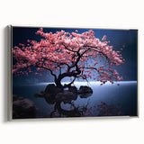 Framed canvas wall art depicting a delicate cherry blossom botanical design in soft pink and white hues, elegantly presented with a silver frame, ideal for home decor.