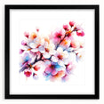 Black-framed wall art featuring an elegant botanical cherry blossom design, showcasing intricate pink flowers and lush green foliage, ideal for home decor enhancement.