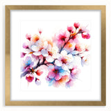 Elegant botanical wall art featuring a delicate cherry blossom design framed in gold, showcasing a sophisticated matting detail. Ideal for enhancing home decor and bringing nature indoors.