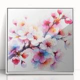 Framed wall art featuring a botanical cherry blossom design in soft pink and white tones, displayed in an elegant white frame, ideal for home decor.