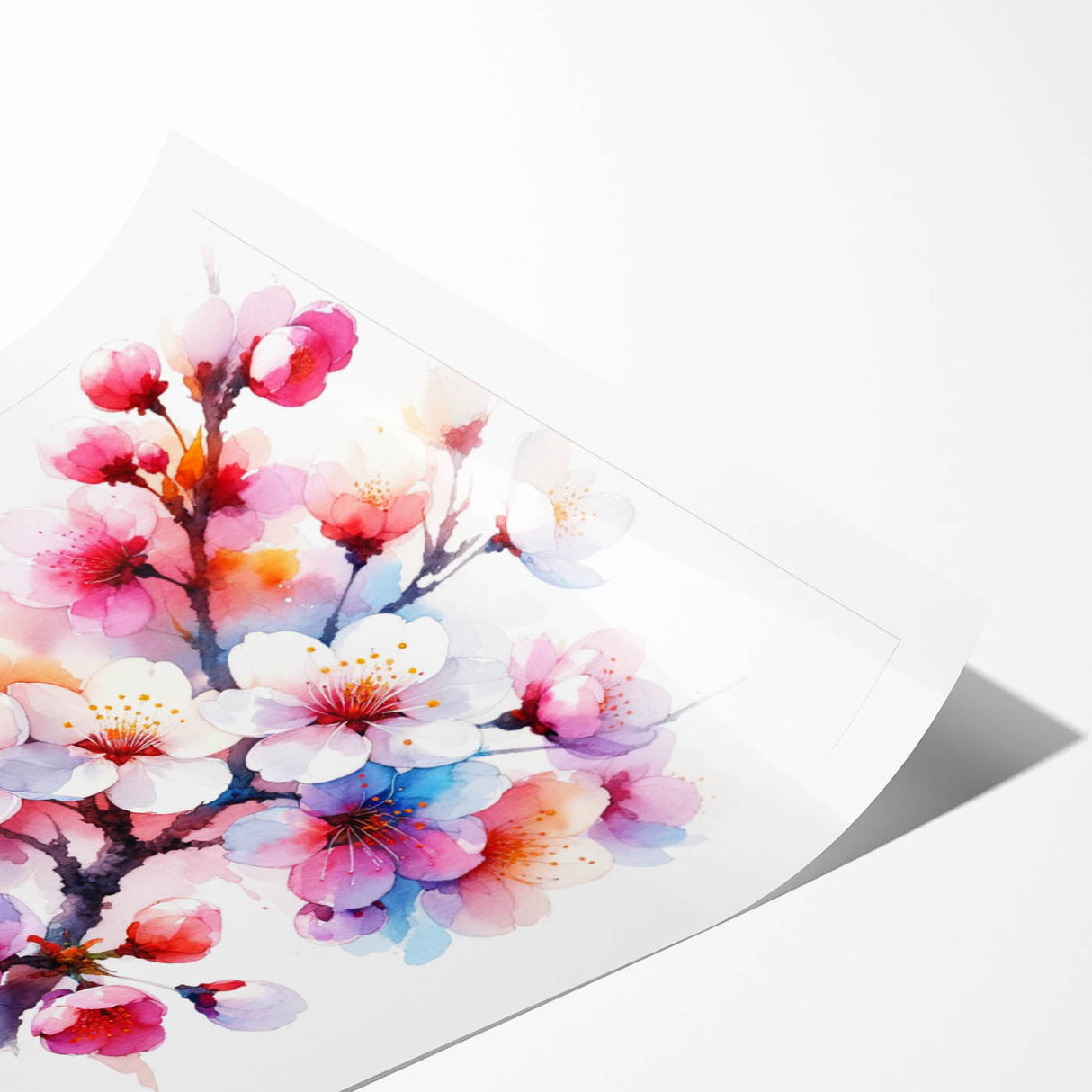 Cherry blossom wall art print showcasing delicate pink flowers on a soft white background, perfect for home decor and adding a touch of nature-inspired elegance.