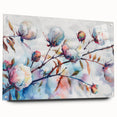 Botanical wall art collection featuring vibrant floral designs printed on cotton, showcased in an acrylic frame with visible mounting pins, ideal for home decor.