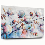 Botanical wall art collection featuring vibrant floral designs printed on cotton, showcased in an acrylic frame with visible mounting pins, ideal for home decor.