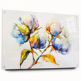 Acrylic glass wall art showcasing a vibrant botanical cotton flower design, elegantly displayed with decorative pins, perfect for home decor enthusiasts.
