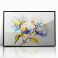 Framed botanical wall art featuring a colorful floral design on cotton, set in a sleek black frame, perfect for home decor or gallery display.