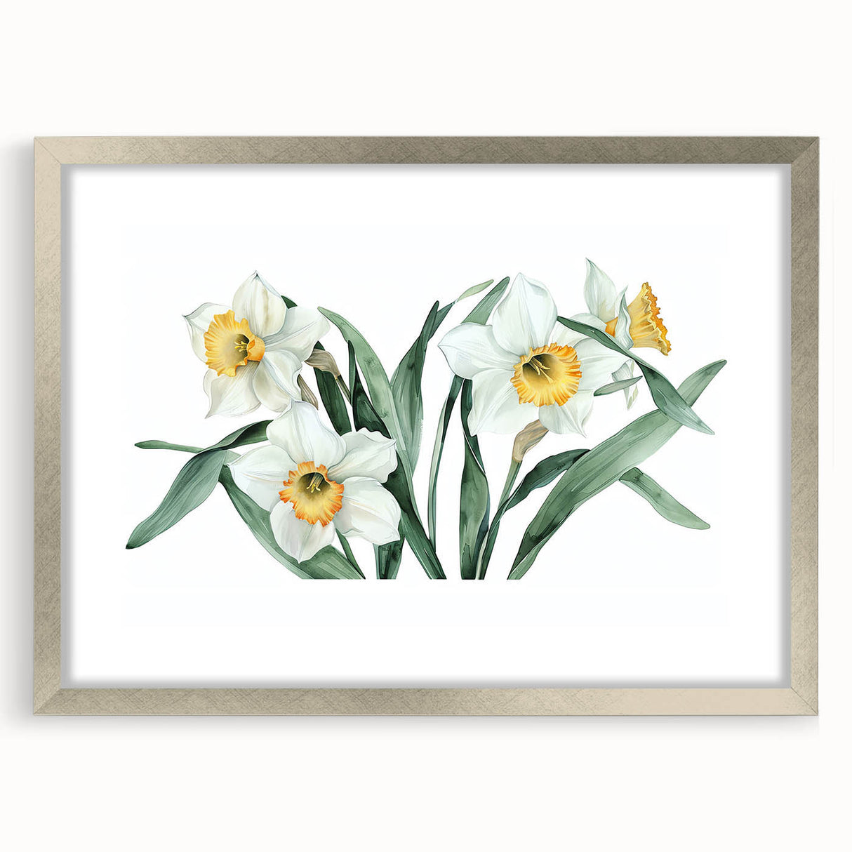Framed botanical wall art featuring a daffodil design, showcasing intricate floral details and a silver frame with matting, perfect for home decor.