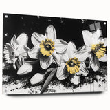 Side view of a botanical wall art collection featuring vibrant yellow daffodils set in acrylic glass, elegantly displayed with pins for easy mounting. Ideal for floral decor enthusiasts.