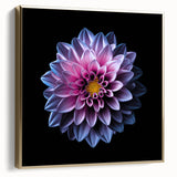 Framed wall art featuring a botanical dahlia design in silver and gold tones, showcasing intricate floral details on a canvas backdrop, perfect for home decor.