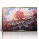 Framed wall art featuring a botanical dahlia design with vibrant colors and a gold-acrylic frame, perfect for enhancing home decor and adding elegance to interior spaces.