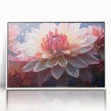 Framed wall art showcasing a botanical dahlia design, featuring vibrant colors and intricate details, set against a white background to enhance its beauty. Perfect for home decor enthusiasts seeking floral-themed art.