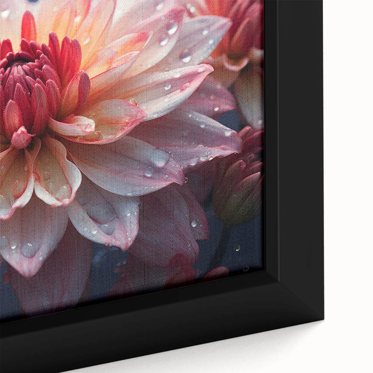 Close-up of a vibrant dahlia botanical wall art design, showcasing rich colors and intricate details on a framed canvas, perfect for home decor.