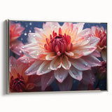 Framed wall art showcasing a vibrant botanical dahlia design on canvas, featuring a sleek silver frame, perfect for enhancing modern home decor. Ideal for flower enthusiasts and art lovers seeking a colorful accent piece.
