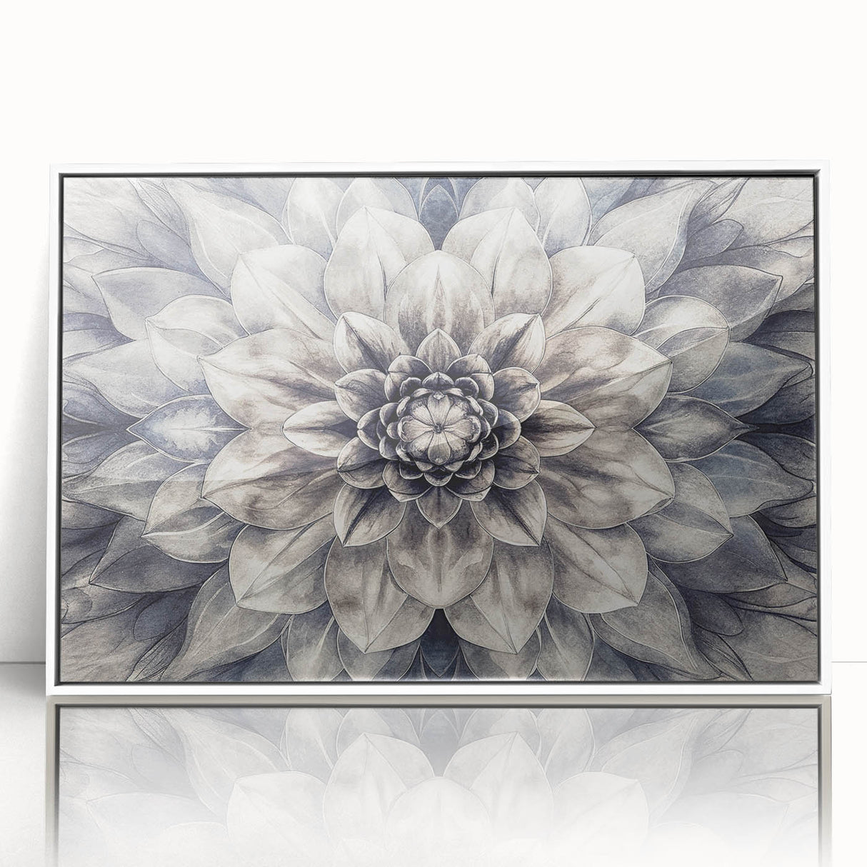 Framed wall art featuring a botanical dahlia design in vibrant colors, showcasing intricate floral details against a white background, perfect for home decor.