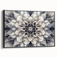 Framed botanical wall art featuring a vibrant dahlia design on canvas, displayed in a sleek black frame, highlighting its elegant side view and artistic detail.