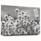 Acrylic glass wall art piece featuring a detailed botanical dandelion design, showcasing vibrant yellow and green colors, presented from a side view with decorative pins.