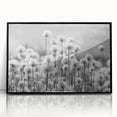 Framed black wall art showcasing a detailed botanical dandelion design, featuring intricate flower illustrations against a white background, ideal for home decor.