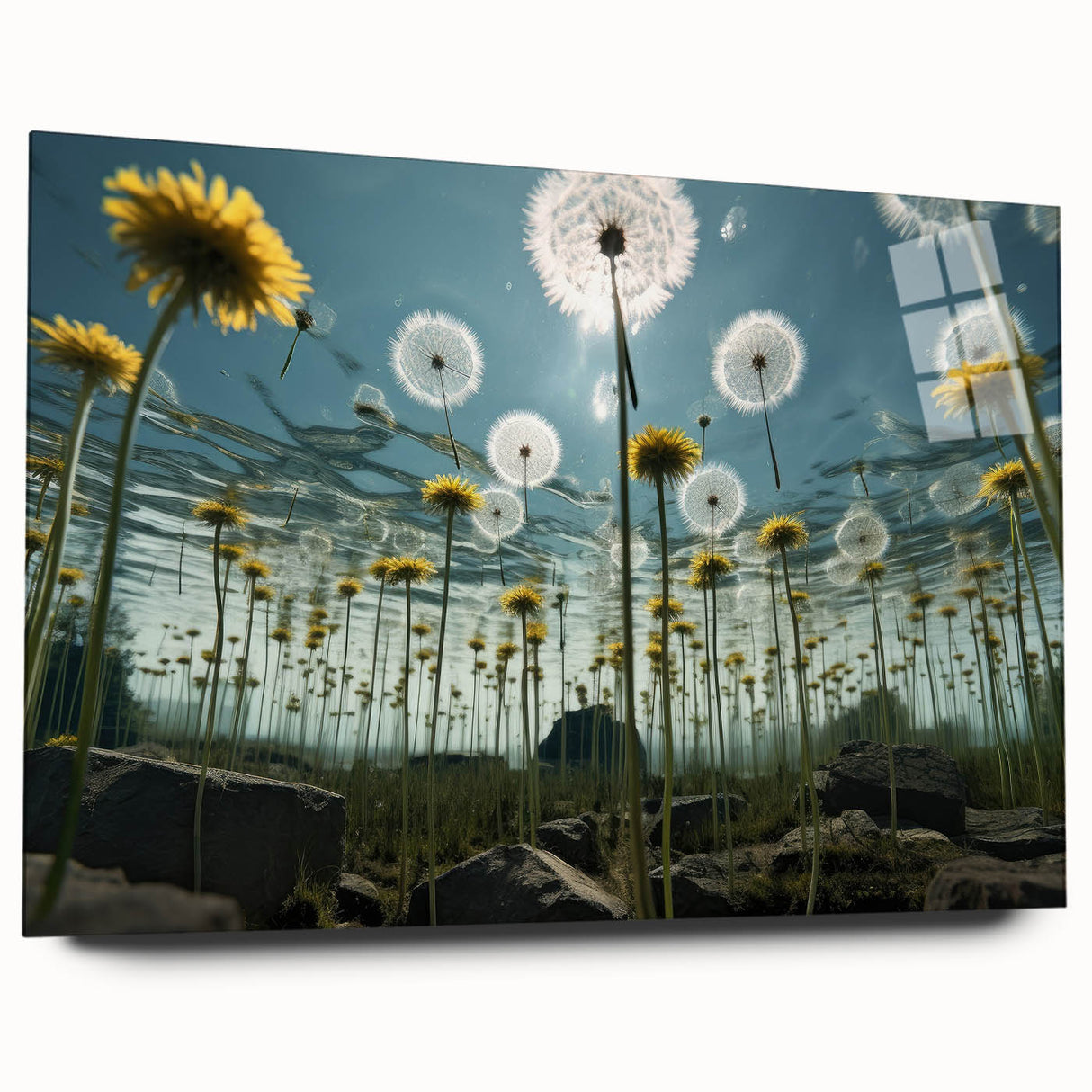 Acrylic wall art showcasing a detailed botanical dandelion design, displayed in a sleek side view without pins, perfect for modern home decor. This artwork features delicate white dandelion motifs against a subtle background, ideal for adding a touch of nature-inspired elegance to any space.