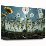 Acrylic wall art showcasing a detailed botanical dandelion design, displayed in a sleek side view without pins, perfect for modern home decor. This artwork features delicate white dandelion motifs against a subtle background, ideal for adding a touch of nature-inspired elegance to any space.