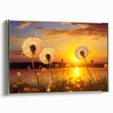 Framed canvas wall art displaying a botanical dandelion design in silver tones, showcasing intricate details of dandelion seeds and elegant framing. Perfect for modern home decor.