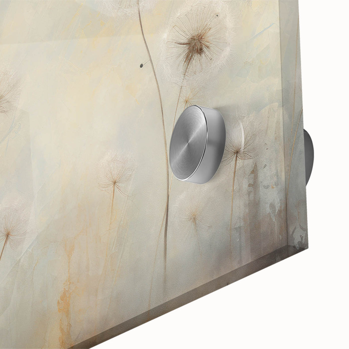 Close-up view of a botanical dandelion wall art design printed on acrylic glass, showcasing intricate details of the flower's delicate seeds and vibrant colors, ideal for home decor.