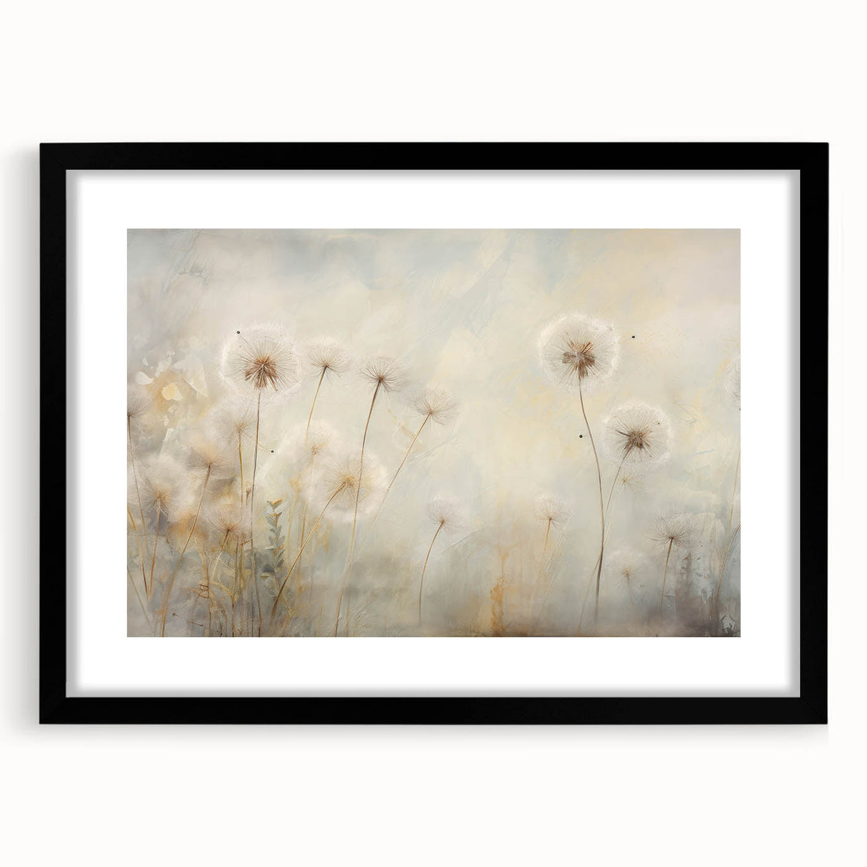 Black-framed wall art showcasing a botanical dandelion design with a white mat, ideal for modern decor, adding elegance to any room with its intricate details.