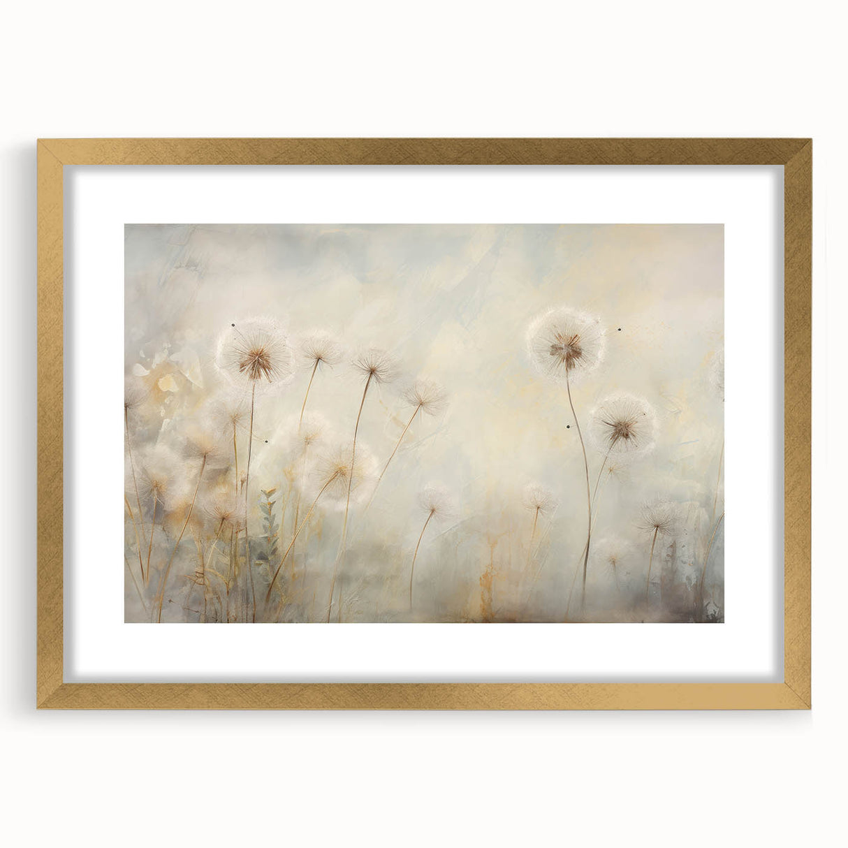 Botanical wall art featuring a delicate dandelion design in a gold frame with matting, ideal for home decor and adding a touch of elegance to any room.