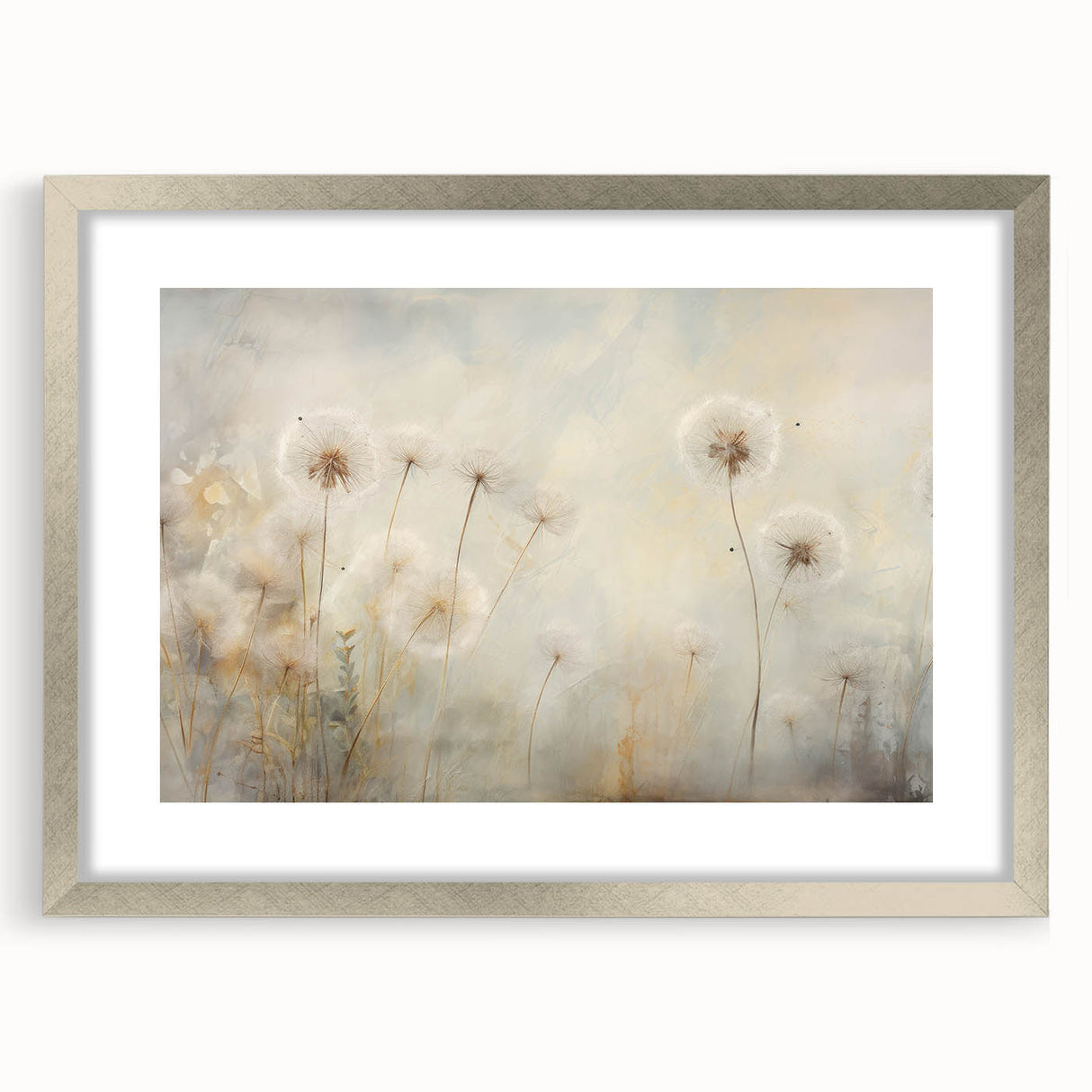 Botanical wall art collection showcasing a detailed dandelion design framed in silver with a mat, perfect for modern home decor and nature enthusiasts.