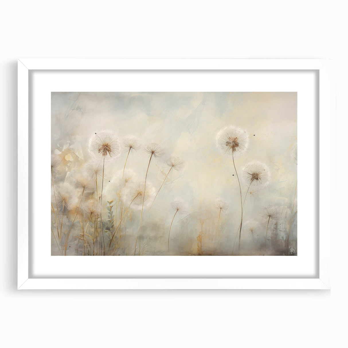 Elegant botanical wall art featuring a detailed dandelion design in a white frame with matting, perfect for home decor and nature-inspired aesthetics.
