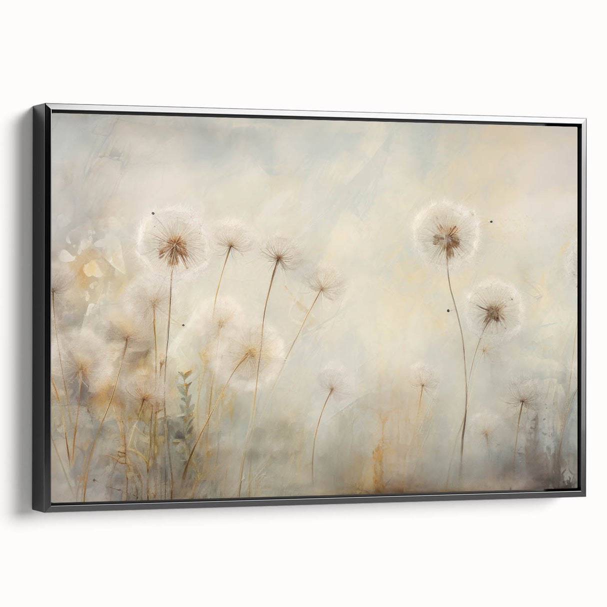 Framed canvas wall art featuring a detailed botanical dandelion design in black, showcasing intricate textures and a modern aesthetic, perfect for home decor.