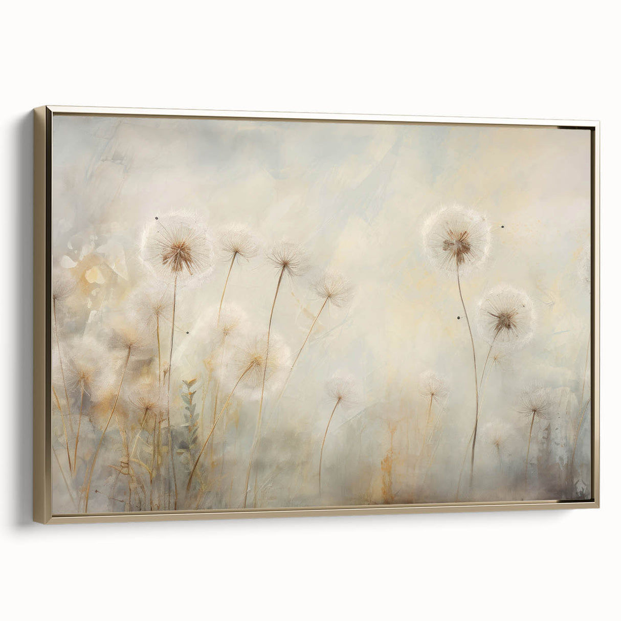 Framed canvas wall art featuring a botanical dandelion design with elegant gold accents, showcasing a side view that highlights its intricate details and artistic flair. Perfect for adding a touch of nature-inspired elegance to any home decor.