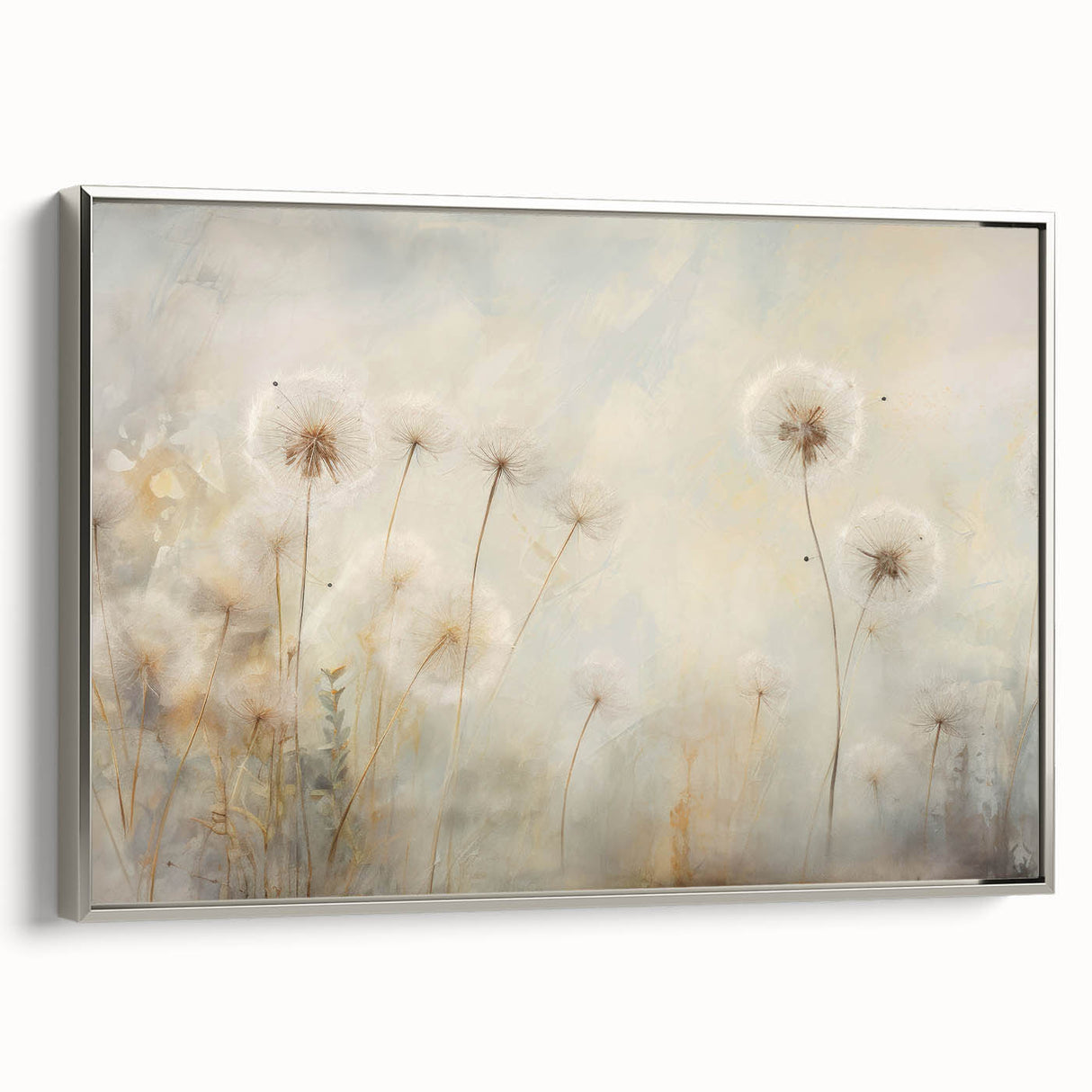Framed canvas wall art featuring an intricate botanical dandelion design in soft silver hues, showcasing a modern aesthetic for home decor. Perfect for botanical enthusiasts.