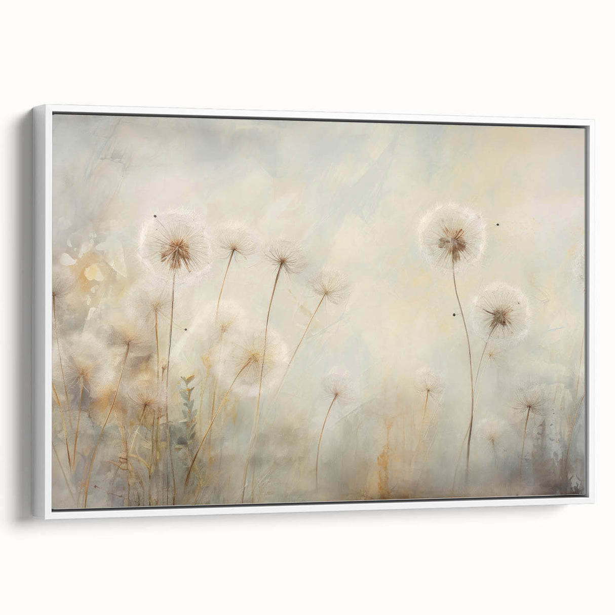 Framed canvas wall art showcasing a delicate botanical dandelion design in white, perfect for adding a touch of elegance to modern decor. Ideal for nature lovers.