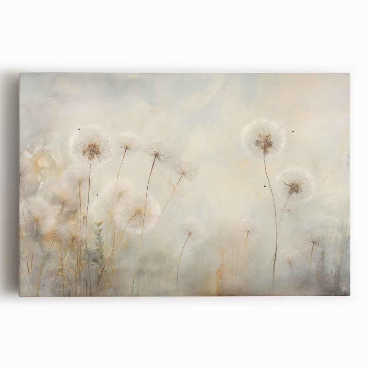 Stretched canvas wall art featuring a detailed botanical dandelion design, showcasing delicate white flowers against a soft pastel background, perfect for home decor.