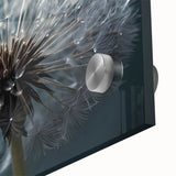 Close-up of a vibrant dandelion botanical design on acrylic glass wall art, showcasing delicate details and bright colors, perfect for modern home decor.