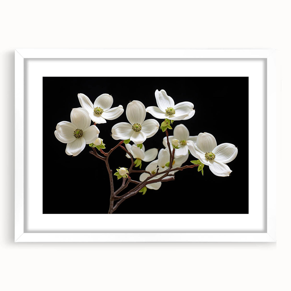 Botanical dogwood design wall art collection featuring elegant floral patterns, framed with a white mat for a modern touch, perfect for home decor.