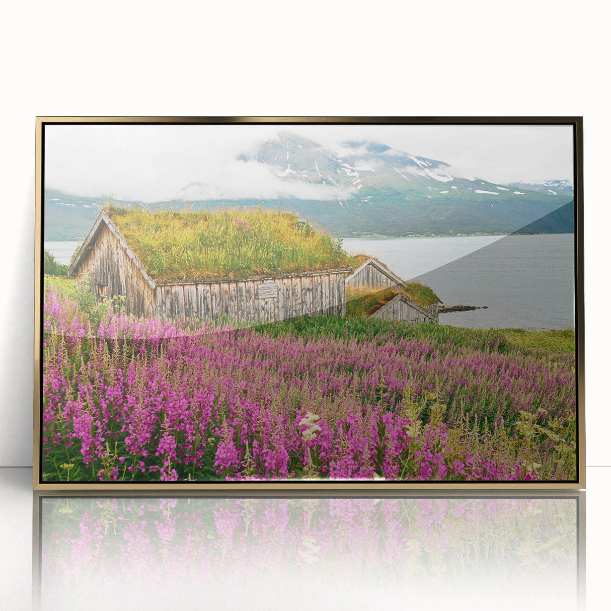 Framed wall art featuring a botanical fireweed design, showcasing vibrant pink and green colors with a gold-acrylic frame, perfect for enhancing home decor.