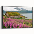 Framed wall art featuring a botanical fireweed design on a black canvas, showcasing vibrant colors and intricate details, ideal for home decor.