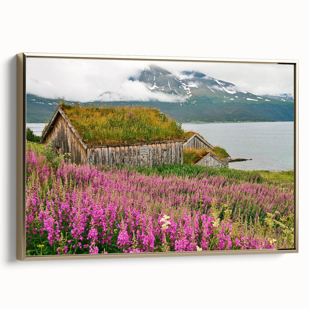 Framed canvas wall art featuring a botanical fireweed design with gold accents, showcasing vibrant colors and intricate details, ideal for home decor.