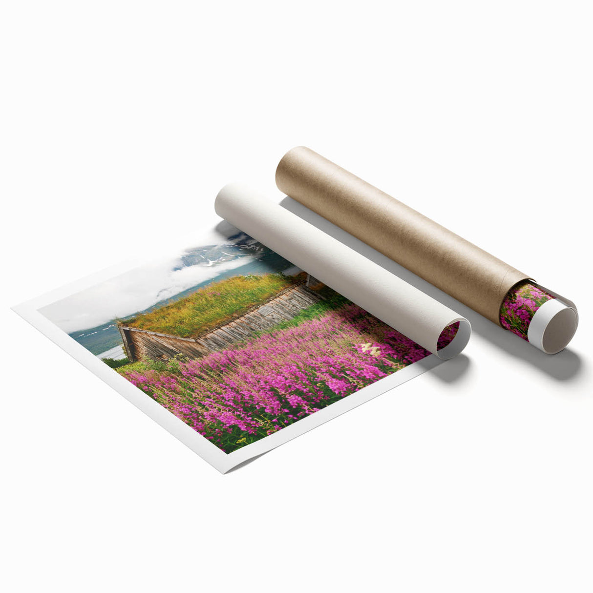 Vibrant botanical wall art print featuring delicate fireweed flowers in pastel colors, rolled for easy display and shipping, set against a soft backdrop.