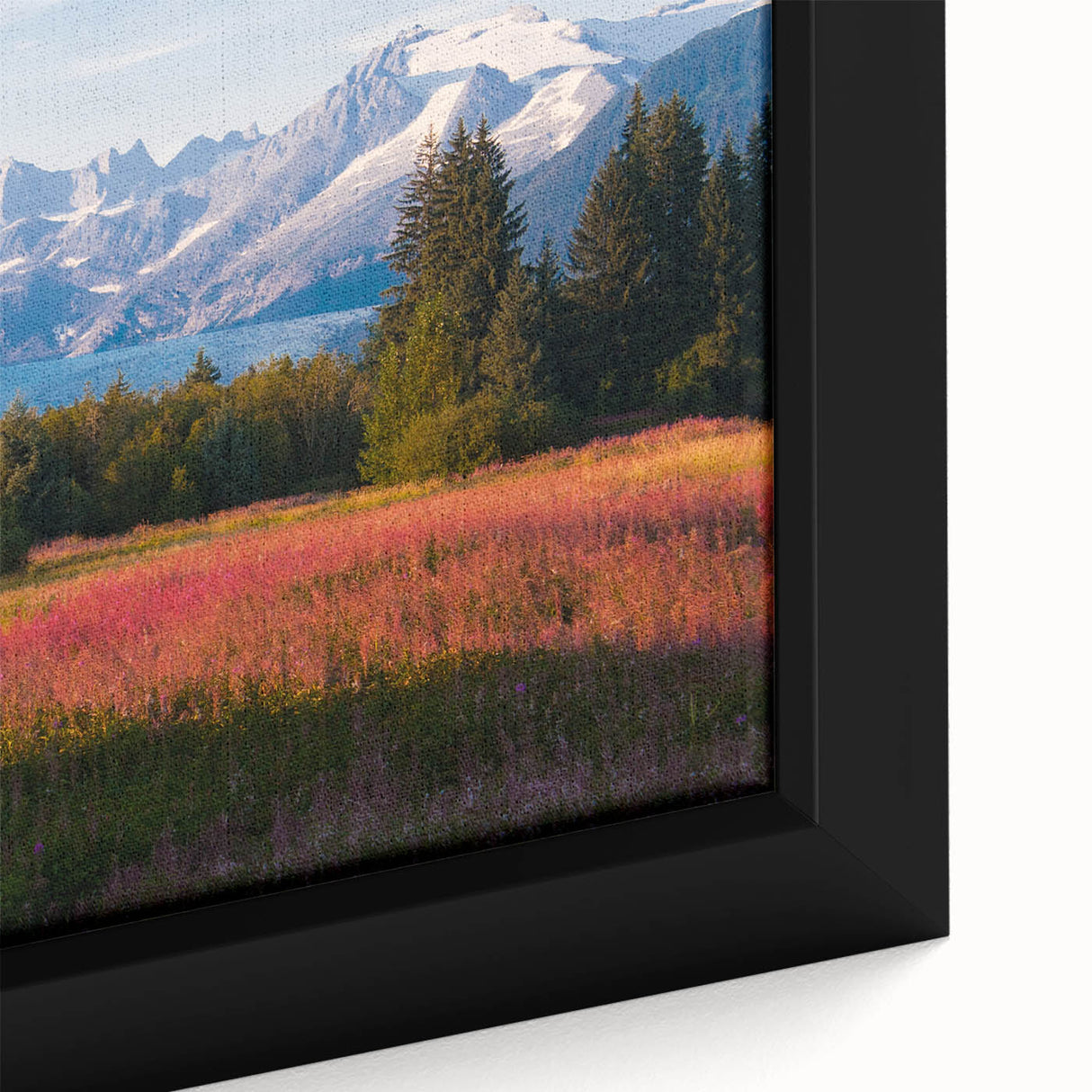 Close-up of a framed canvas featuring vibrant fireweed botanical design, showcasing intricate details and rich colors, ideal for home decor enhancements.