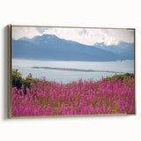 Framed wall art showcasing a botanical fireweed design with vibrant pink flowers and lush green leaves, set against a gold border for an elegant look.