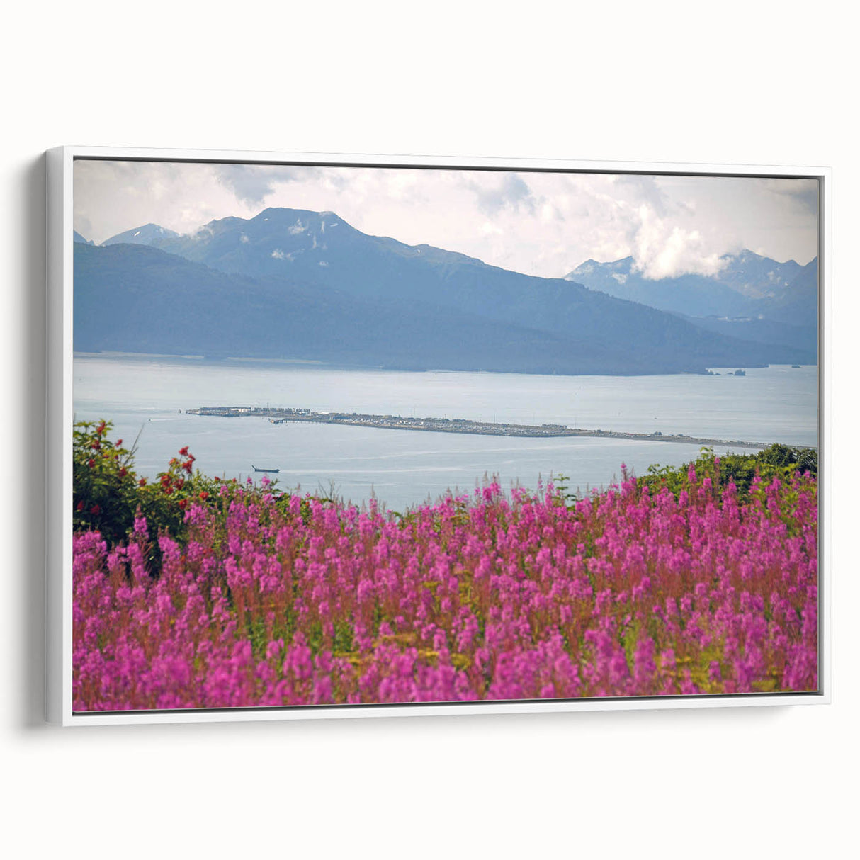 Framed canvas wall art showcasing a vibrant botanical fireweed design, elegantly displayed against a white background, perfect for modern home decor.
