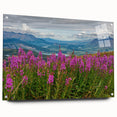 Acrylic wall art featuring a vibrant fireweed botanical design in a side view, showcasing intricate details and colors, elegantly displayed with pins for mounting.