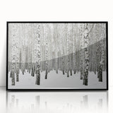 Framed wall art featuring a botanical forest design with colorful flowers and trees, presented in a sleek black frame, perfect for home decor.