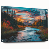 Acrylic glass wall art showcasing a botanical forest design with colorful flowers and trees, presented in a side view with decorative pins for an elegant display.