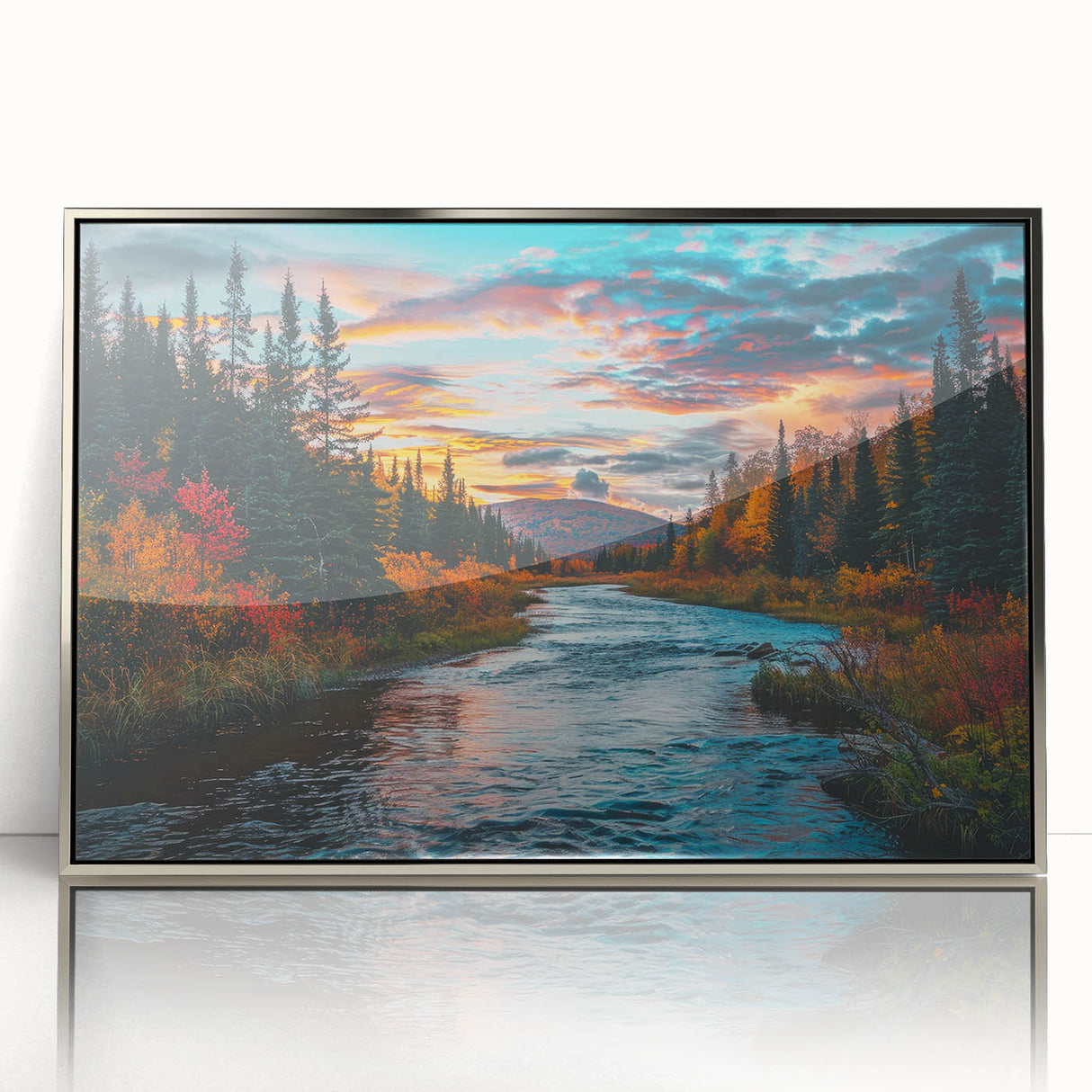 Framed wall art showcasing a vibrant botanical forest design with colorful flowers and trees, presented in a sleek silver frame, ideal for home decor.
