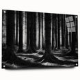 Acrylic glass wall art showcasing a botanical forest design with vibrant flowers and trees, elegantly displayed with pins for mounting, ideal for nature-themed decor.