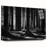 Acrylic glass wall art showcasing a botanical forest design with vibrant flowers and trees, elegantly displayed with pins for mounting, ideal for nature-themed decor.